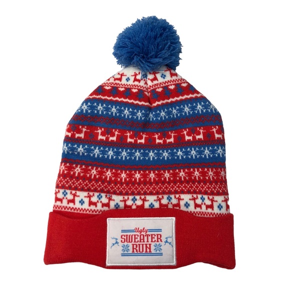 UGLY SWEATER RUN Knit Ski Hat Cap Snowflake Reindeer Christmas Red Blue Pom Pom - Picture 1 of 2